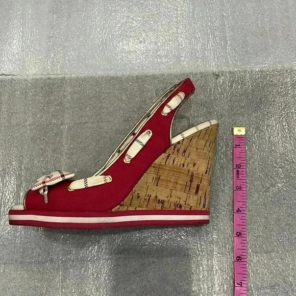 [8B]Coach Twirlino Twirling Open Toe Cork Wedges Bow  Detail Pink Plaid - Picture 9 of 10